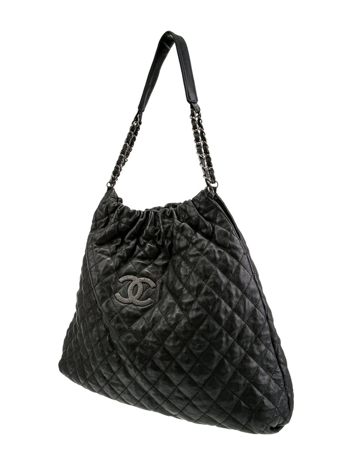 CHANEL GLAZED CAVIAR LEATHER QUILTED LARGE ELASTIC SHOULDER BAG