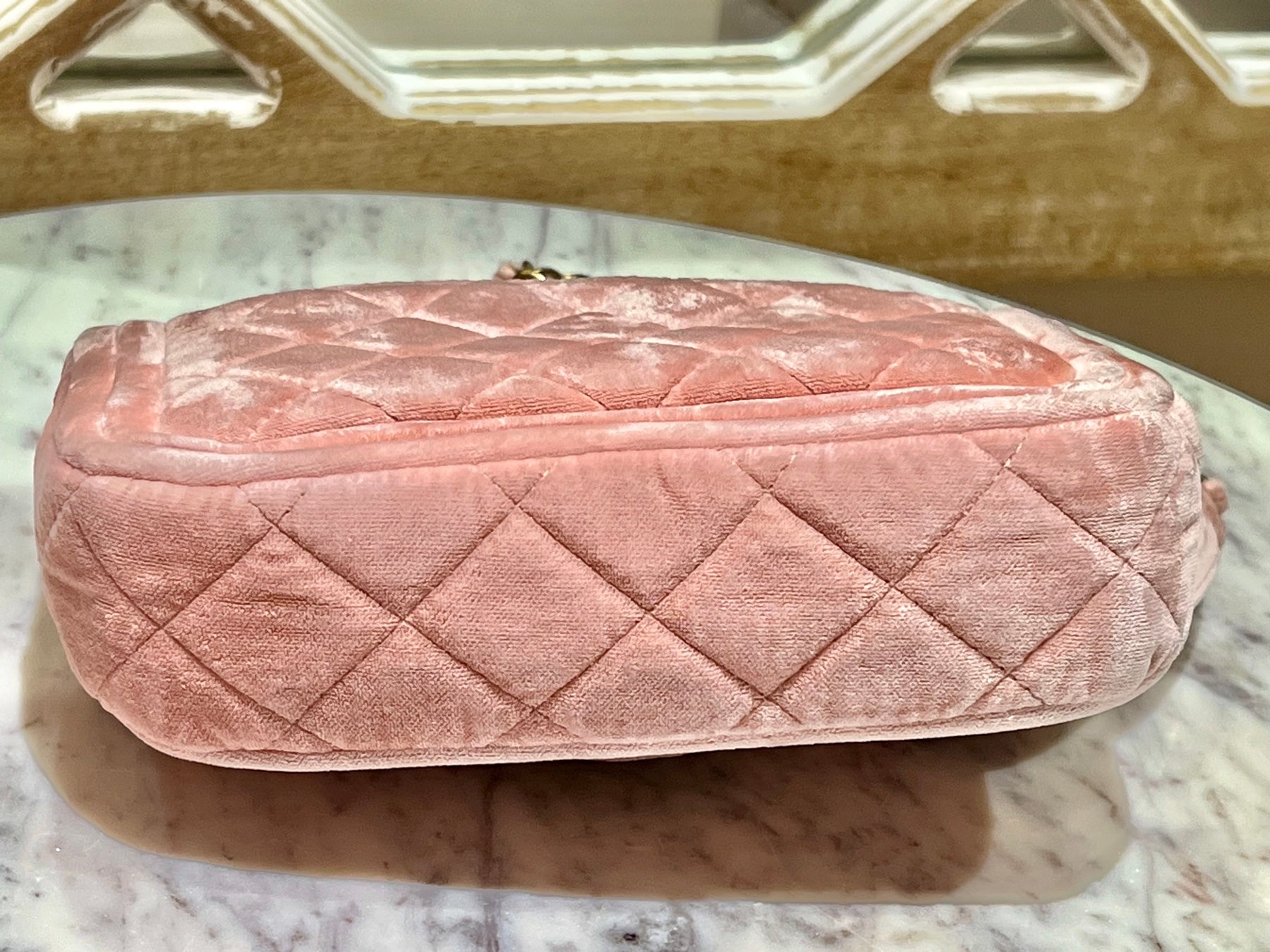 pink velvet chanel travel bag