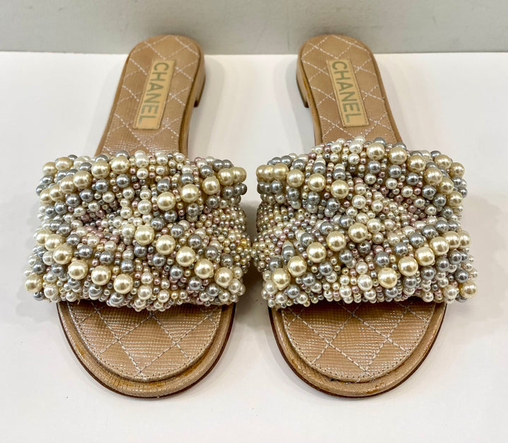 CHANEL FAUX PEARL FLAT MULES