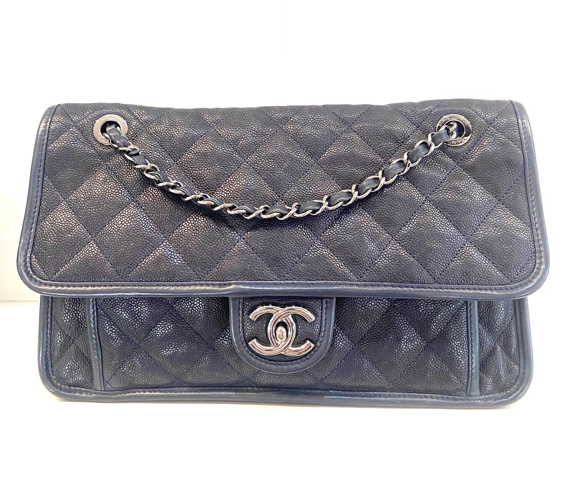 Chanel French Riviera Quilted Large Flap Bag Caviar Grey Silver