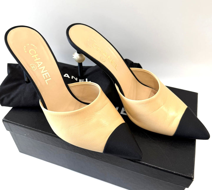 CHANEL GOATSKIN LEATHER CAP TOE MULES