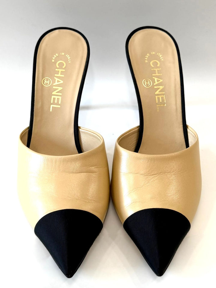 CHANEL GOATSKIN LEATHER CAP TOE MULES