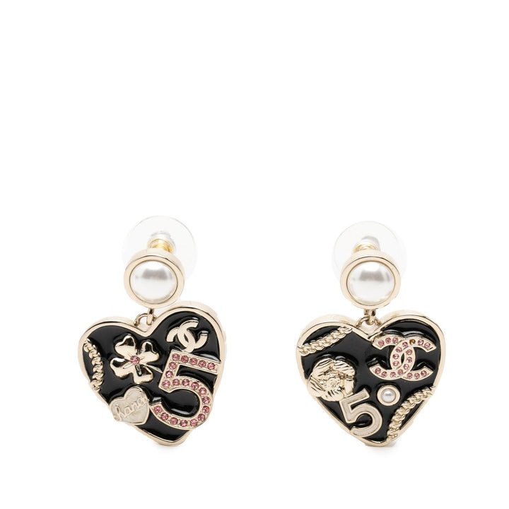 CHANEL GOLD PLATED FAUX PEARL STRASS &amp; RESIN HEART DROP EARRINGS