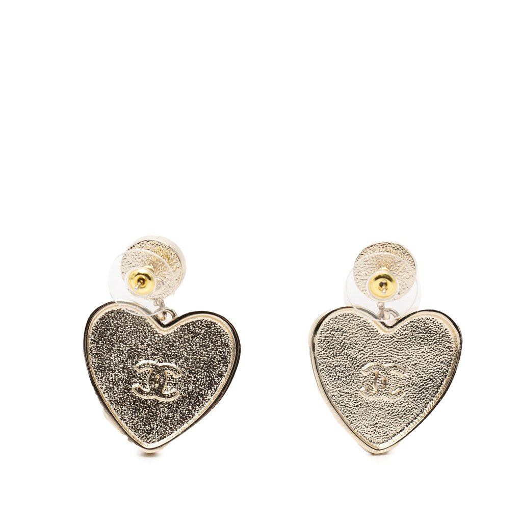 CHANEL GOLD PLATED FAUX PEARL STRASS &amp; RESIN HEART DROP EARRINGS
