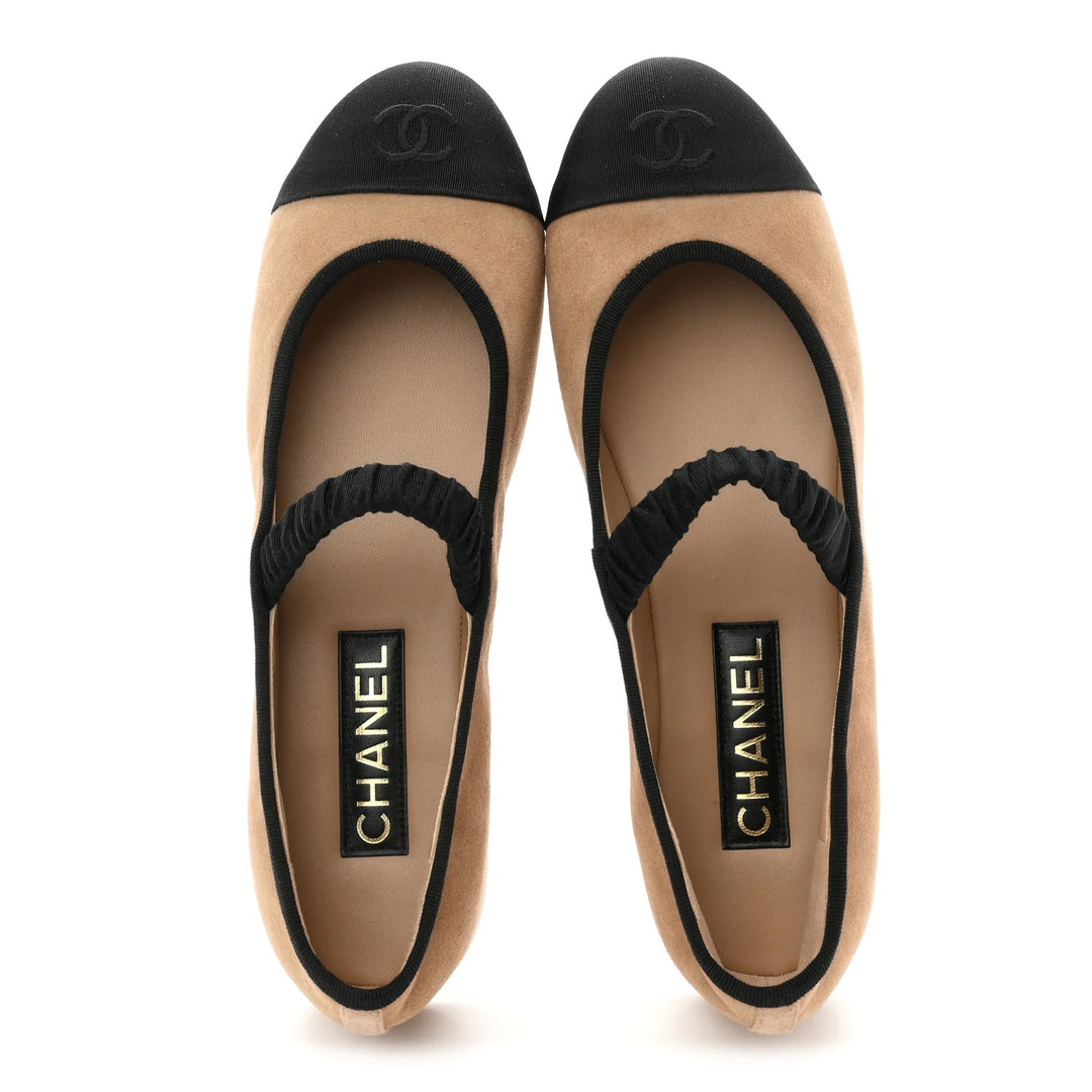CHANEL GROSGRAIN SUEDE GOATSKIN MARY JANE BALLET FLATS