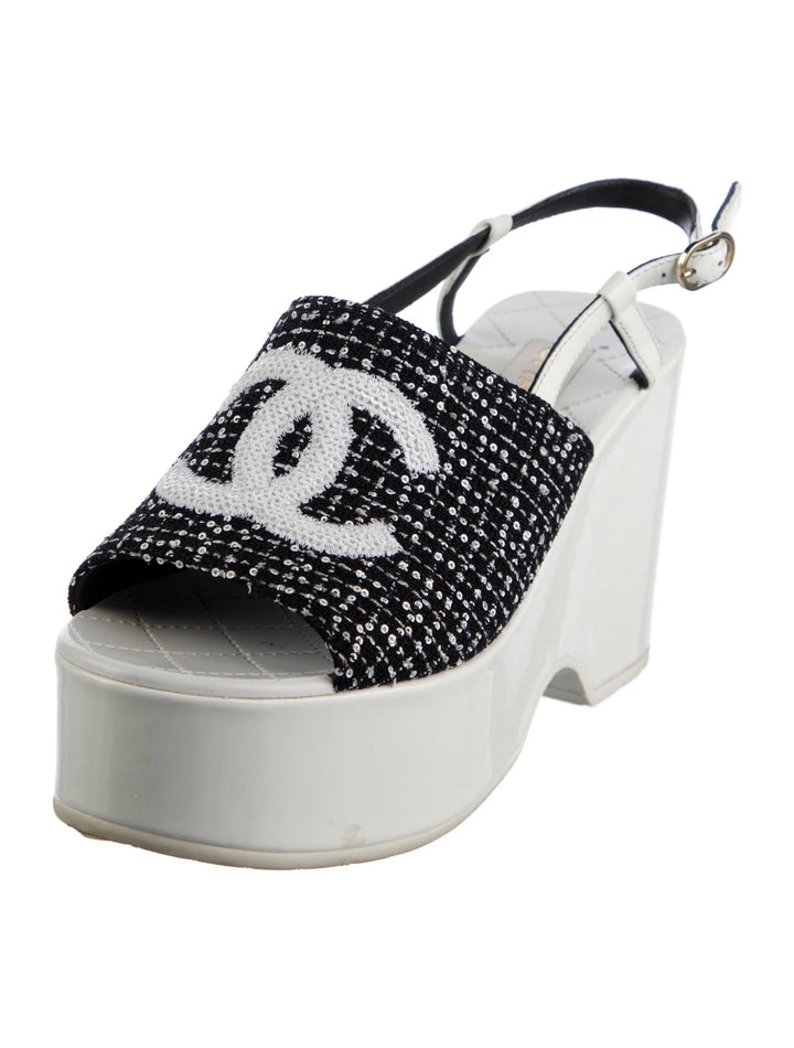 CHANEL CC LOGO SEQUINED TWEED PLATFORM WEDGE HEEL SLINGBACK SANDALS