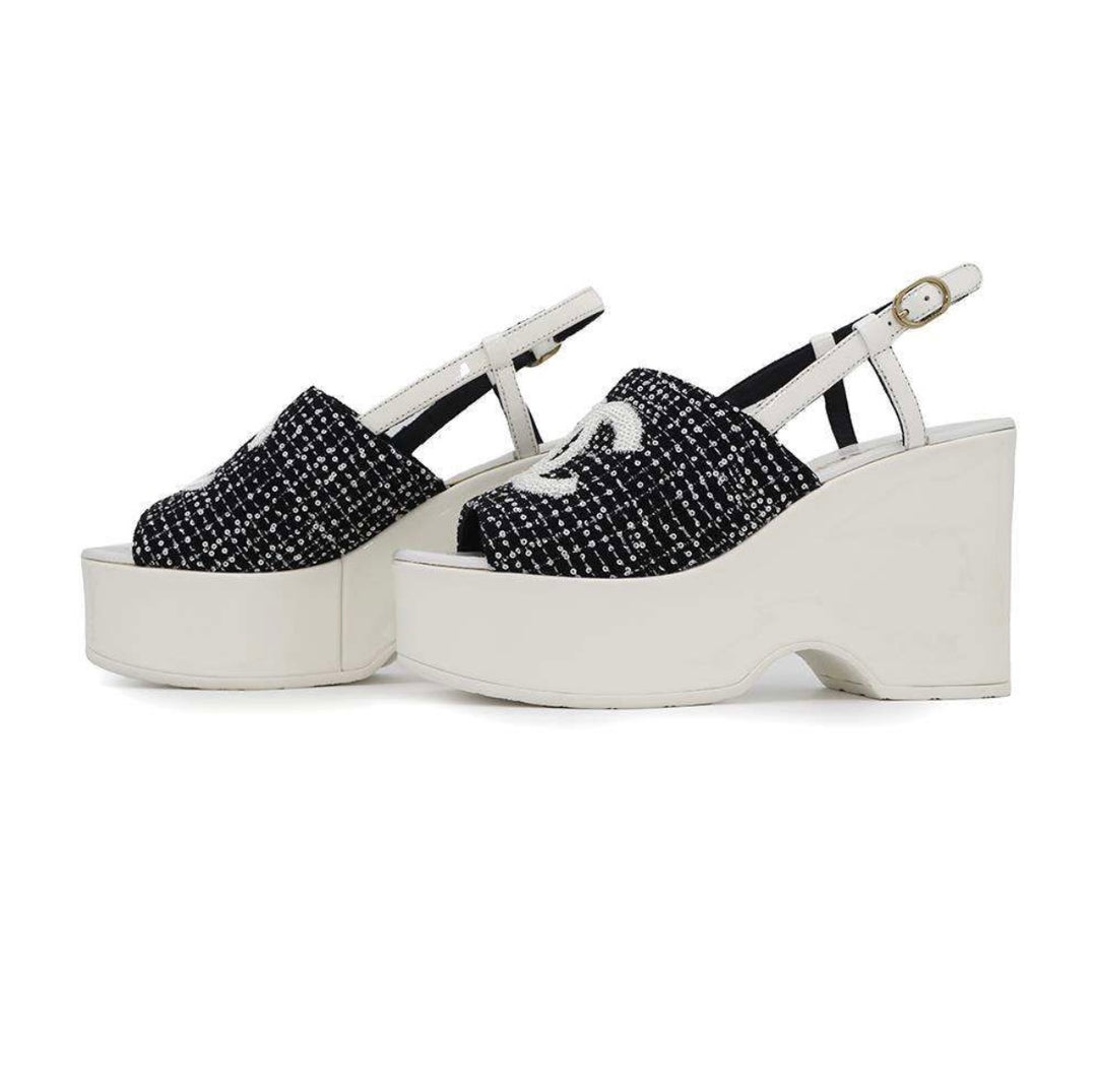 CHANEL CC LOGO SEQUINED TWEED PLATFORM WEDGE HEEL SLINGBACK SANDALS
