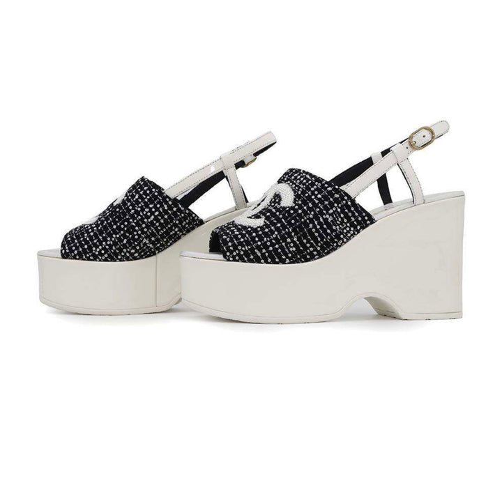 CHANEL CC LOGO SEQUINED TWEED PLATFORM WEDGE HEEL SLINGBACK SANDALS
