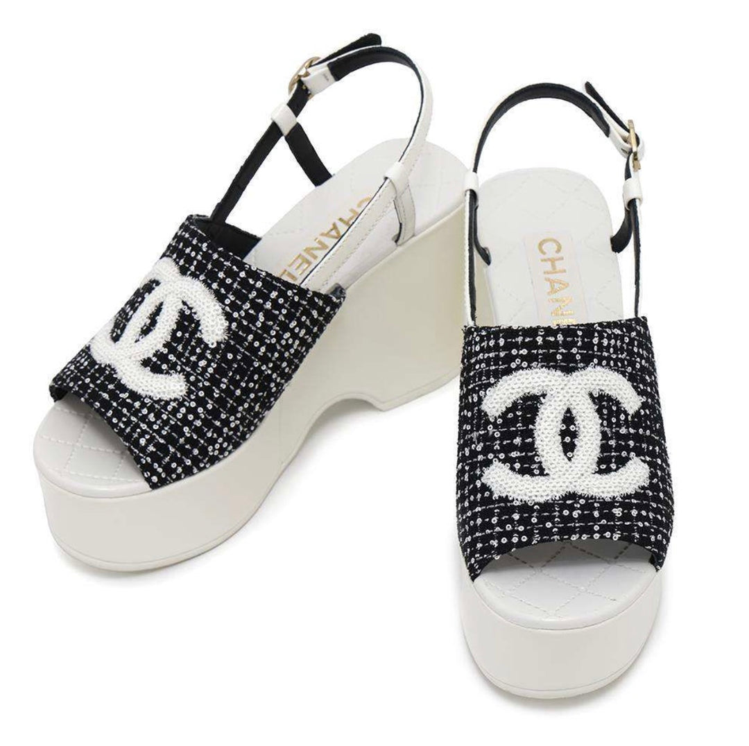 CHANEL CC LOGO SEQUINED TWEED PLATFORM WEDGE HEEL SLINGBACK SANDALS