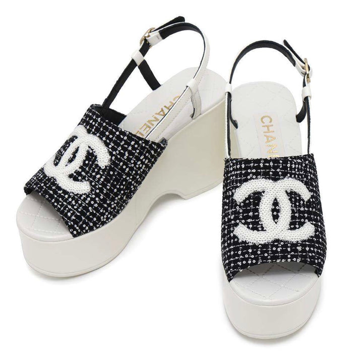 CHANEL CC LOGO SEQUINED TWEED PLATFORM WEDGE HEEL SLINGBACK SANDALS