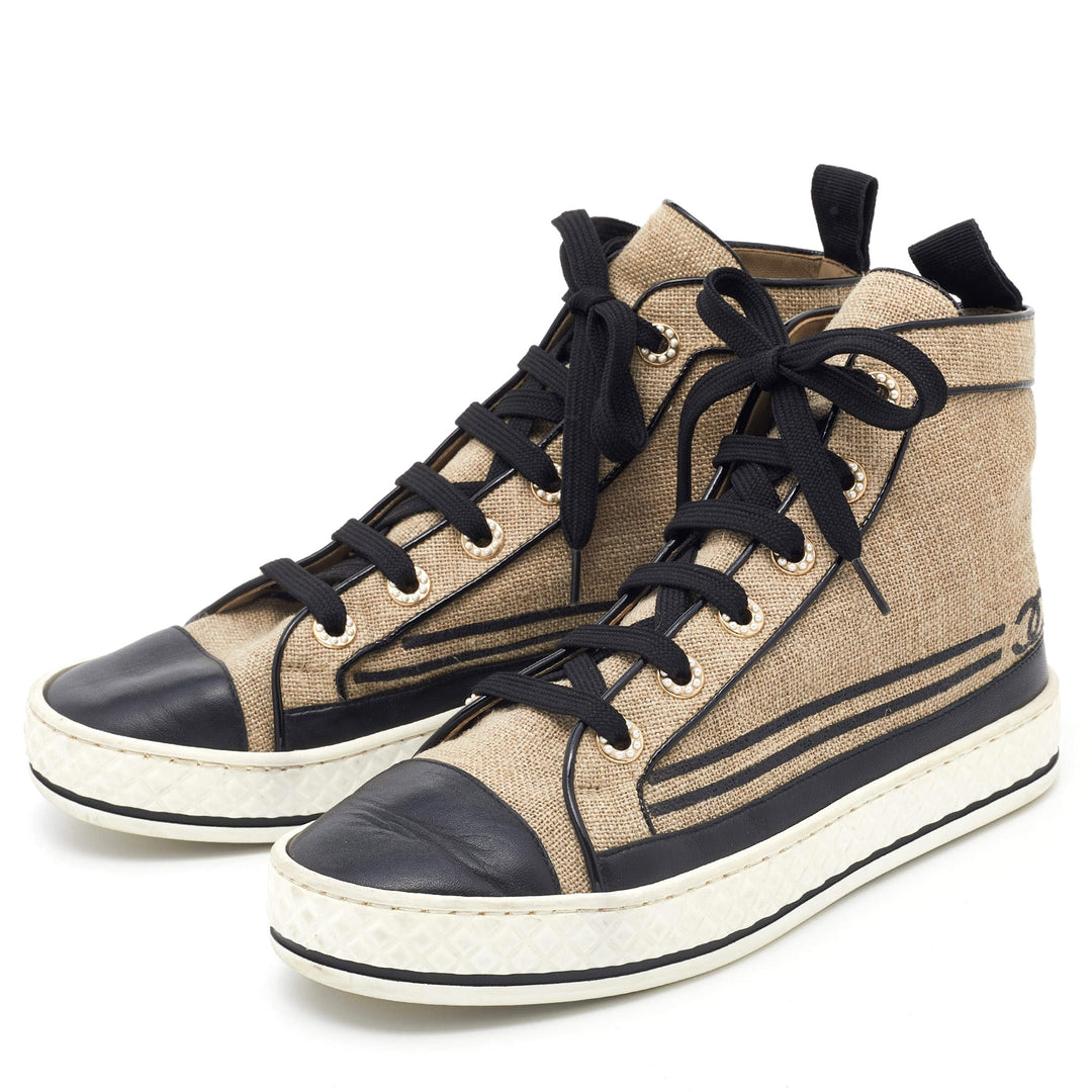 CHANEL CC CAP-TOE JUTE &amp; CALFSKIN LEATHER HIGH-TOP SNEAKERS