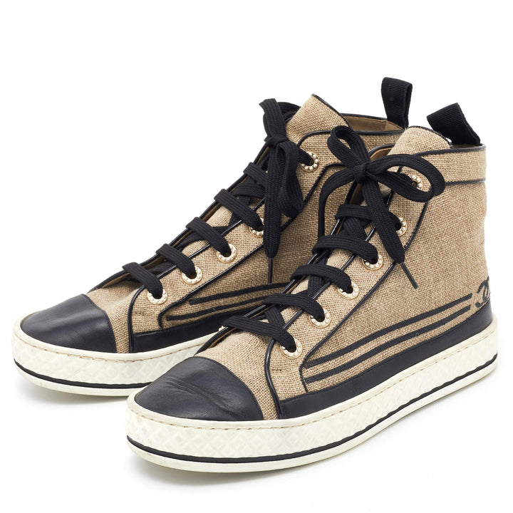 CHANEL CC CAP-TOE JUTE &amp; CALFSKIN LEATHER HIGH-TOP SNEAKERS