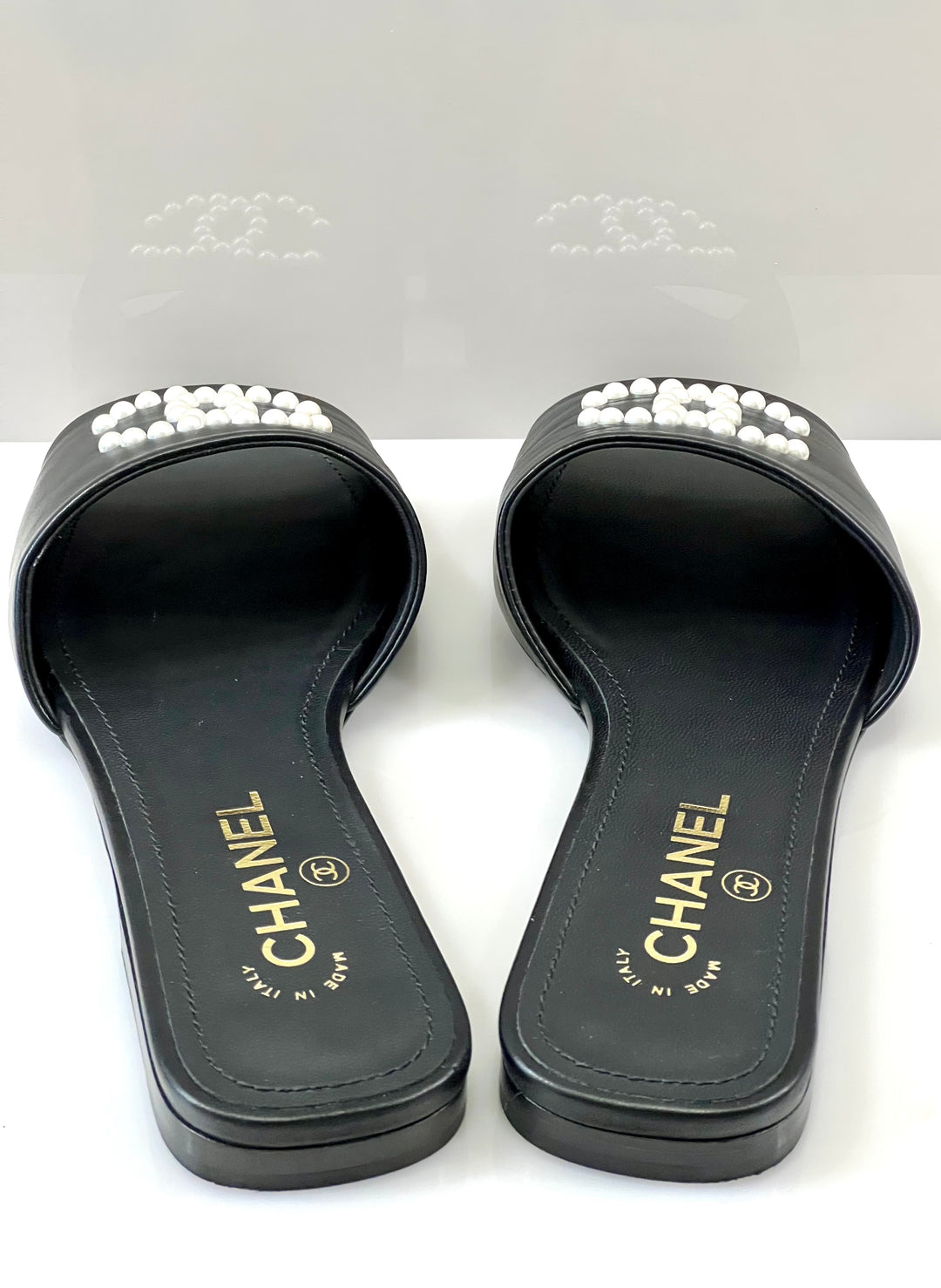 CHANEL CC FAUX PEARL LAMBSKIN SLIDE SANDALS