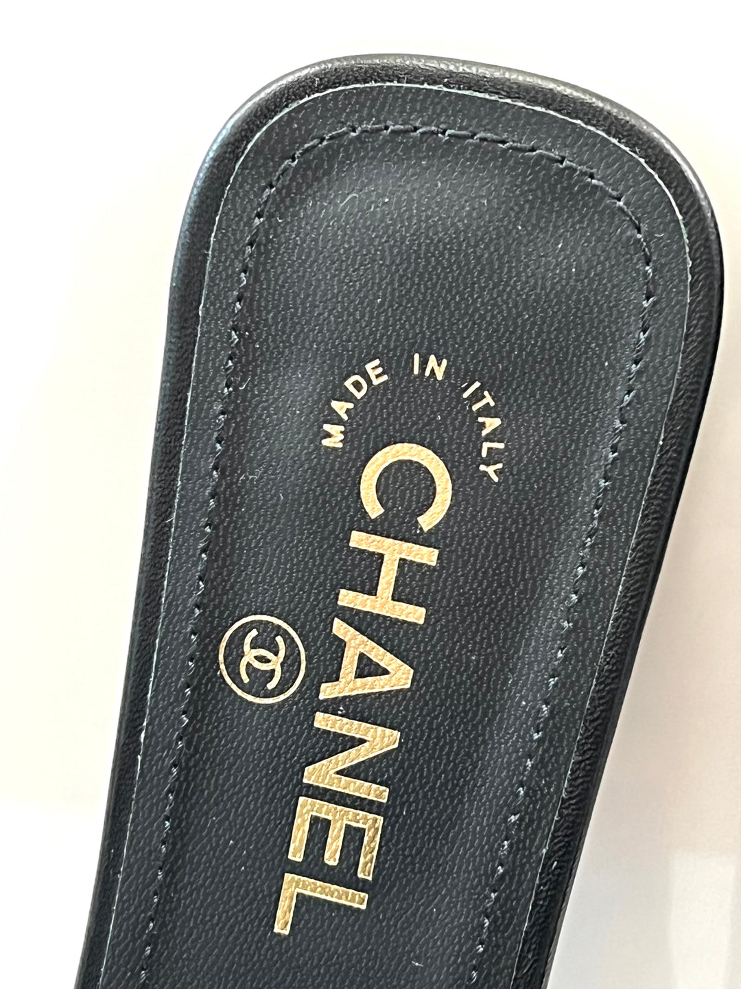 CHANEL CC FAUX PEARL LAMBSKIN SLIDE SANDALS
