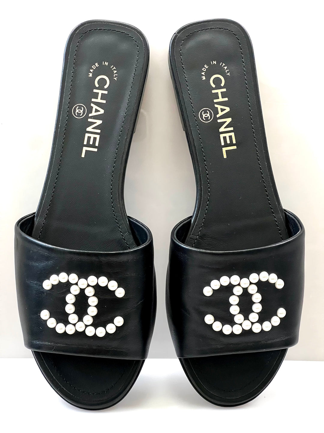 CHANEL CC FAUX PEARL LAMBSKIN SLIDE SANDALS