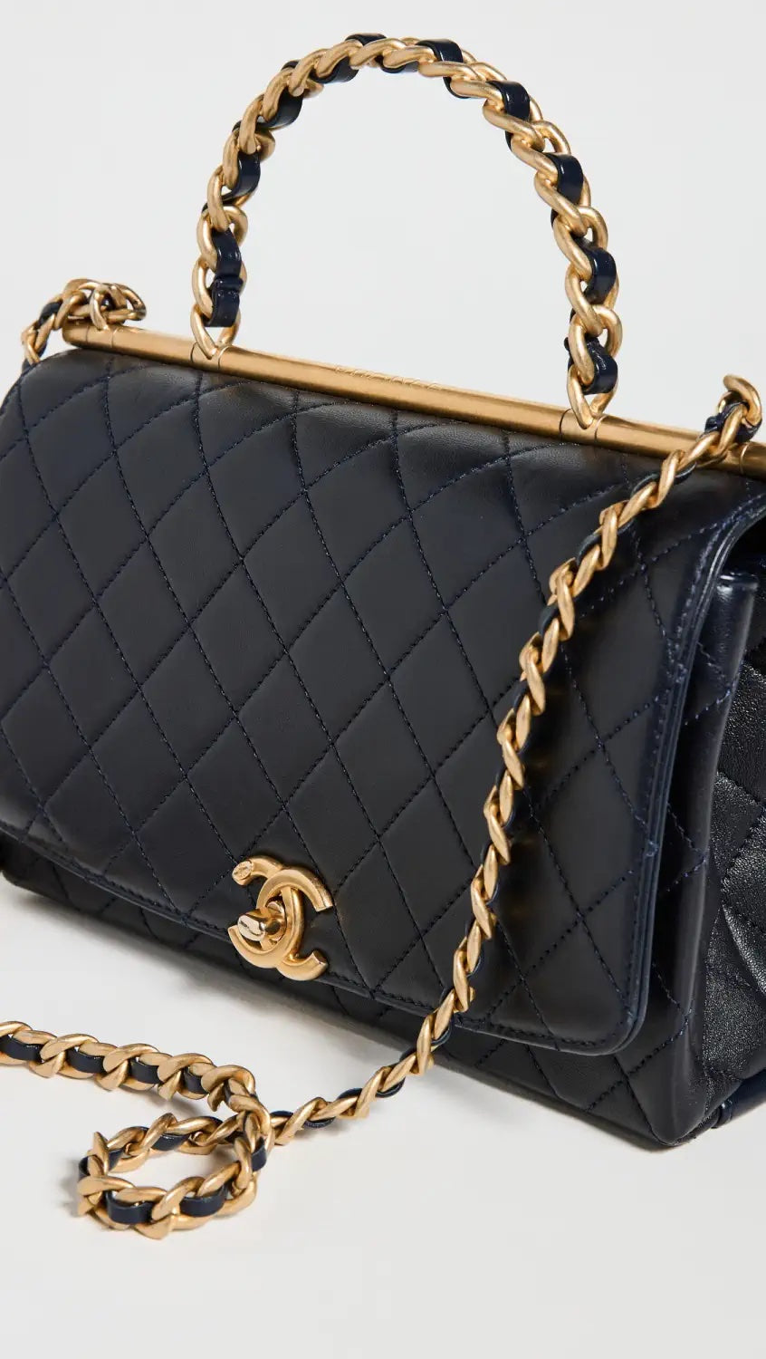 CHANEL TWO-TONE CHAIN QUILTED LAMBSKIN TOP HANDLE FLAP BAG