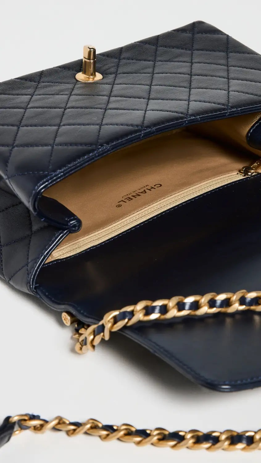 CHANEL TWO-TONE CHAIN QUILTED LAMBSKIN TOP HANDLE FLAP BAG