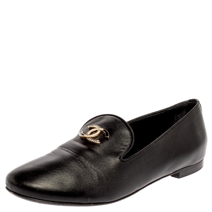 CHANEL LAMBSKIN LEATHER CRYSTAL CC OPERA MOCCASIN LOAFERS