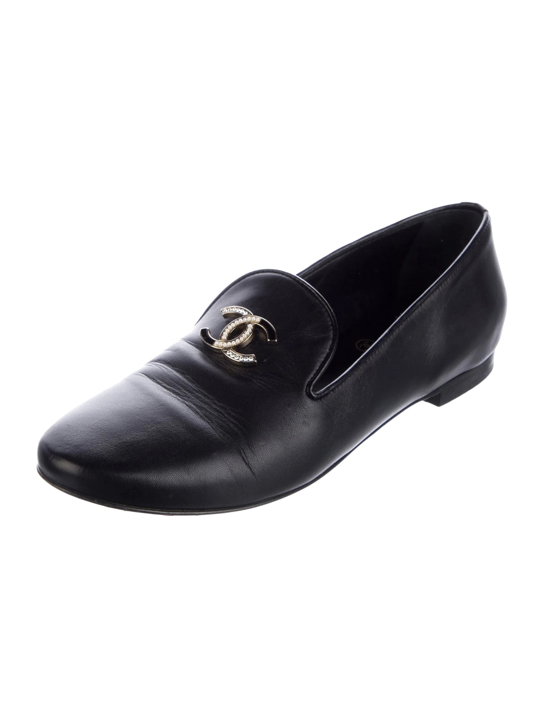CHANEL LAMBSKIN LEATHER CRYSTAL CC OPERA MOCCASIN LOAFERS