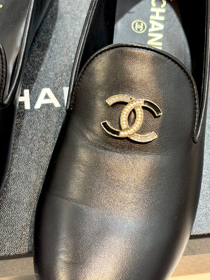 CHANEL LAMBSKIN LEATHER CRYSTAL CC OPERA MOCCASIN LOAFERS