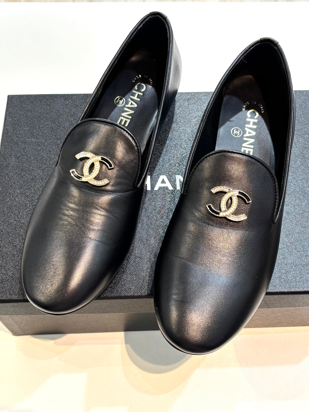 CHANEL LAMBSKIN LEATHER CRYSTAL CC OPERA MOCCASIN LOAFERS