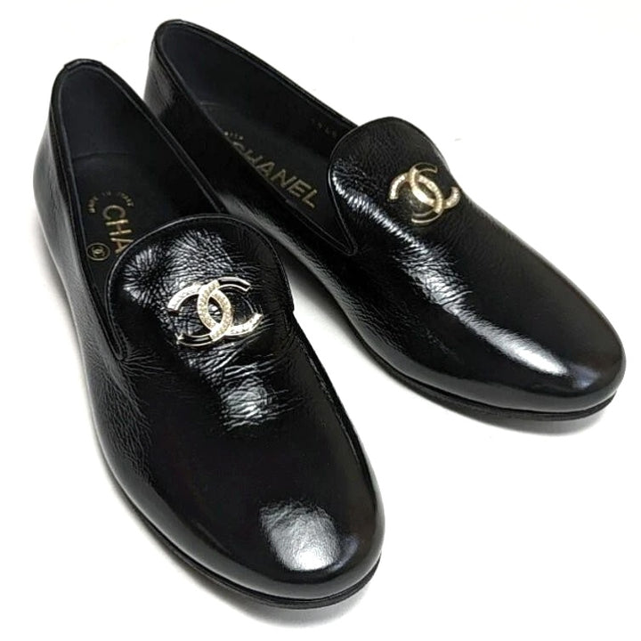 CHANEL LAMBSKIN LEATHER CRYSTAL CC OPERA MOCCASIN LOAFERS