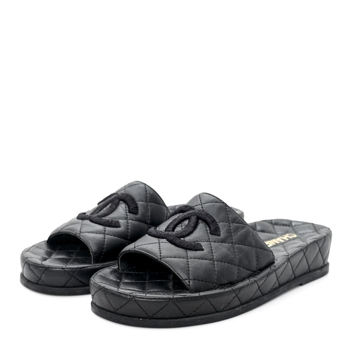CHANEL QUILTED LAMBSKIN LEATHER CC LOGO MULES
