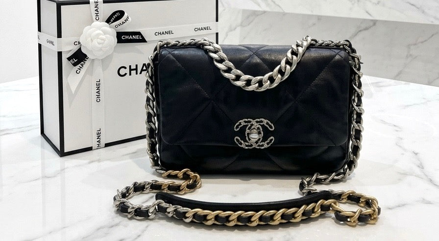 CHANEL LAMBSKIN QUILTED CHANEL 19 FLAP MEDIUM CROSSBODY BAG
