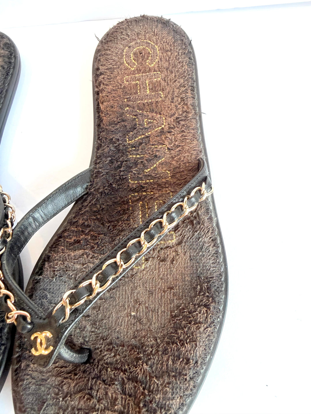 CHANEL LAMBSKIN TERRYCLOTH CHAIN CC THONG SLIDES