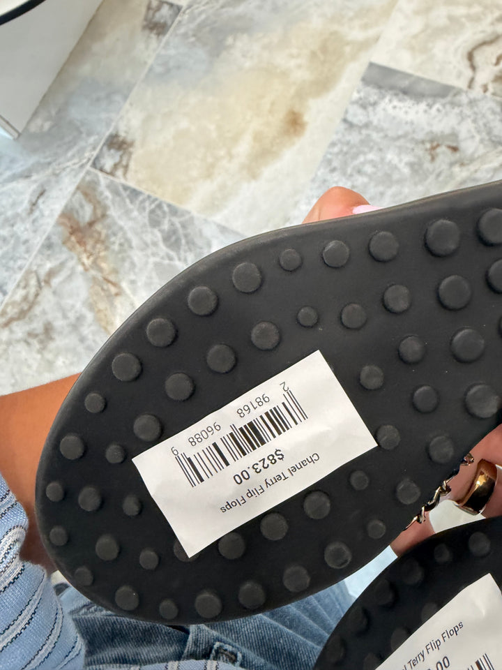 CHANEL LAMBSKIN TERRYCLOTH CHAIN CC THONG SLIDES