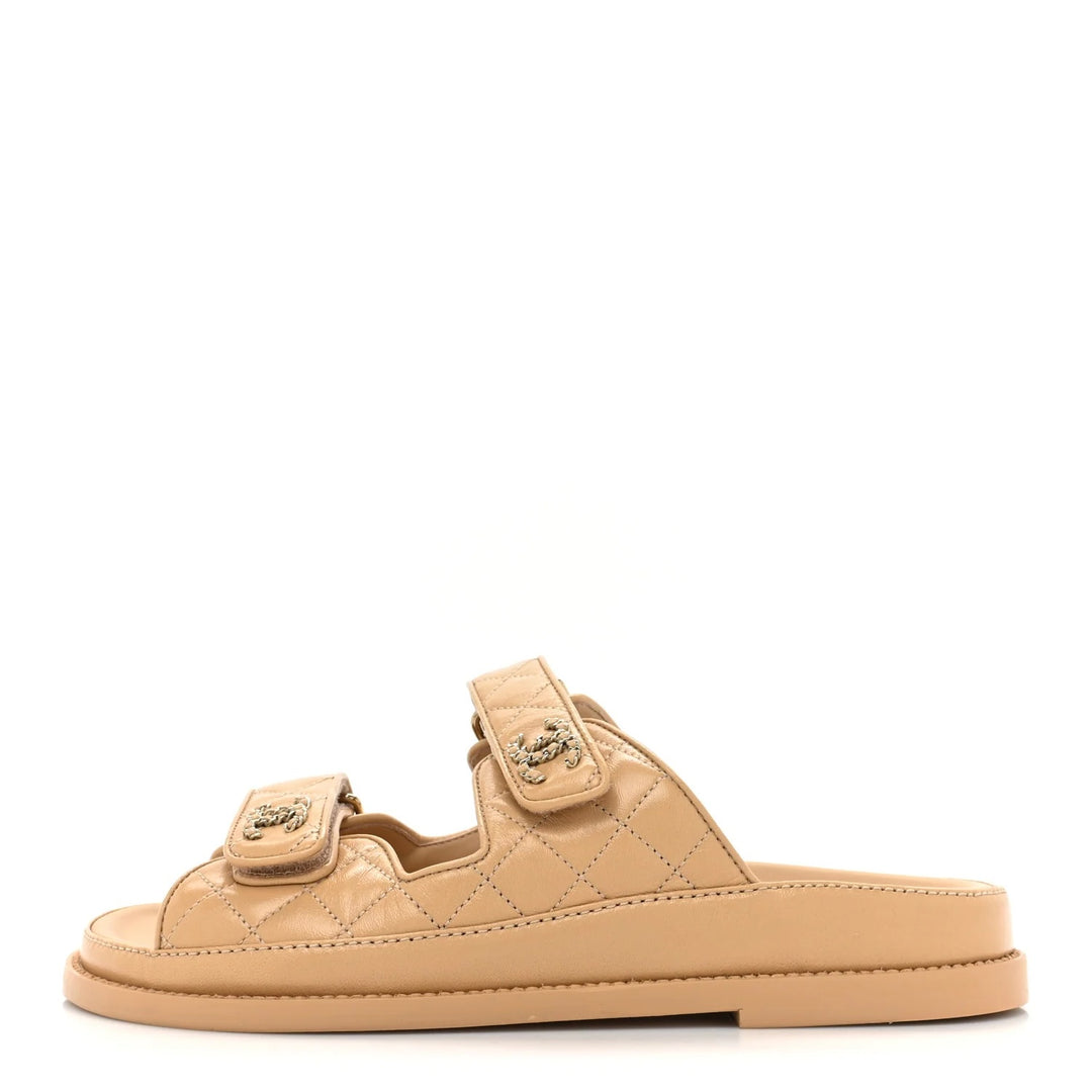 CHANEL LAMBSKIN QUILTED VELCRO DAD CHAIN CC SLIDE SANDALS