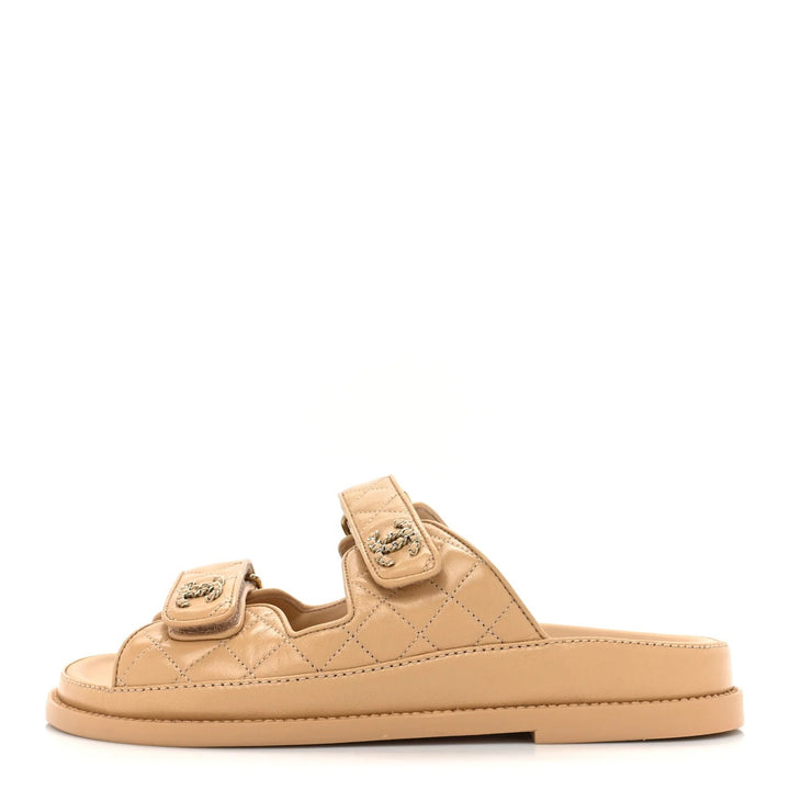 CHANEL LAMBSKIN QUILTED VELCRO DAD CHAIN CC SLIDE SANDALS