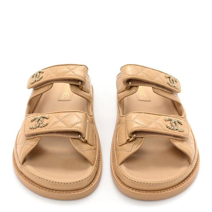 CHANEL LAMBSKIN QUILTED VELCRO DAD CHAIN CC SLIDE SANDALS