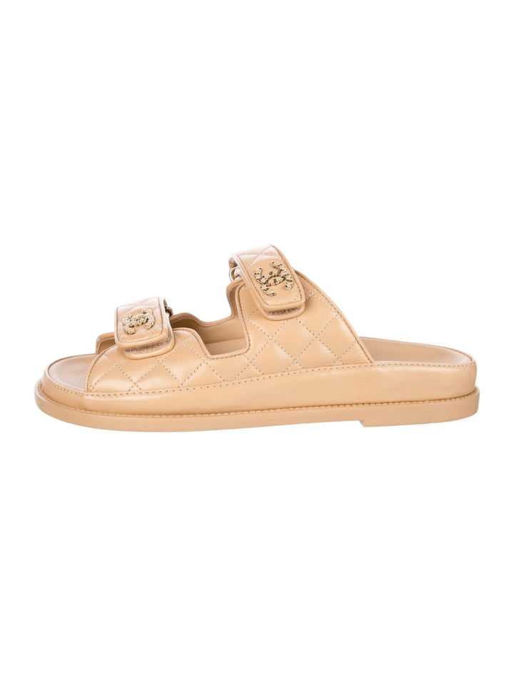 CHANEL LAMBSKIN QUILTED VELCRO DAD CHAIN CC SLIDE SANDALS