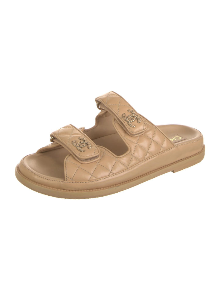 CHANEL LAMBSKIN QUILTED VELCRO DAD CHAIN CC SLIDE SANDALS