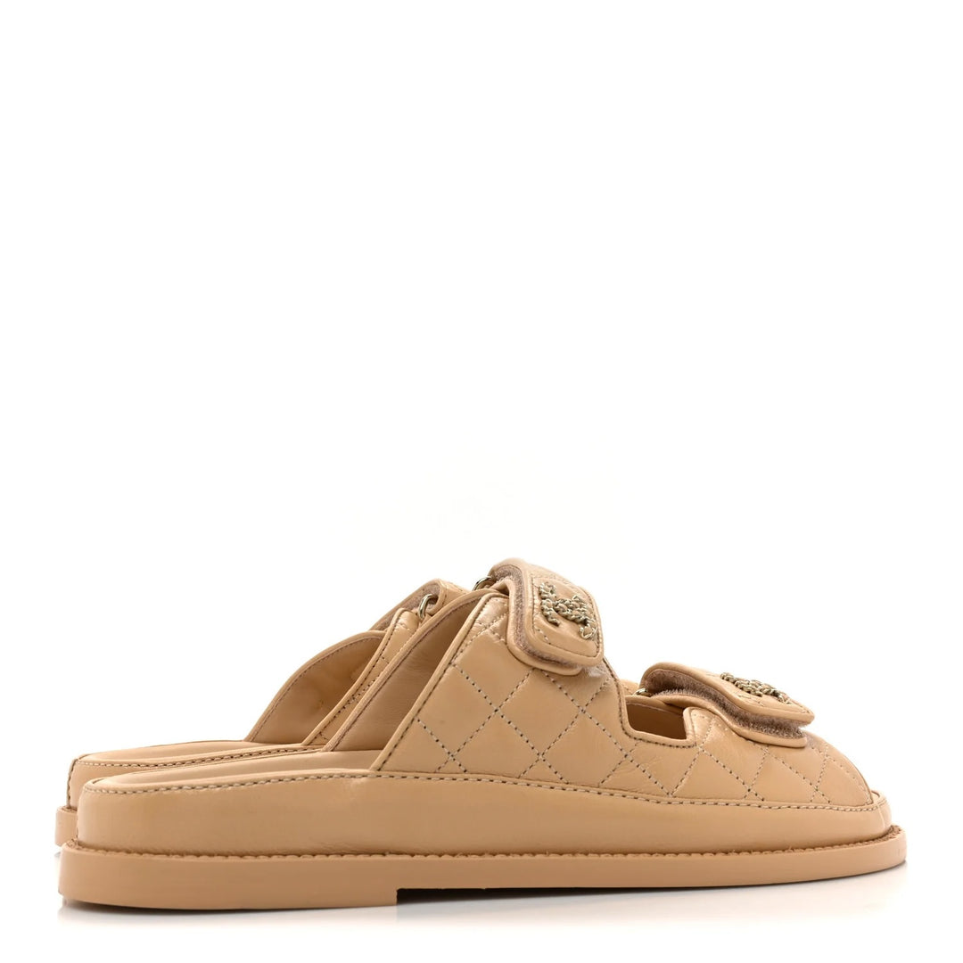 CHANEL LAMBSKIN QUILTED VELCRO DAD CHAIN CC SLIDE SANDALS