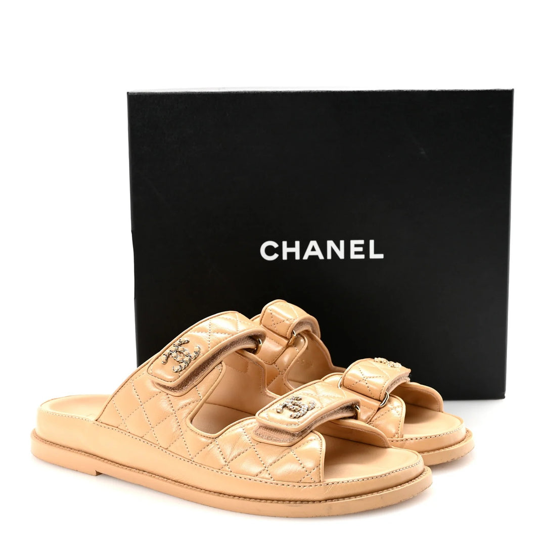 CHANEL LAMBSKIN QUILTED VELCRO DAD CHAIN CC SLIDE SANDALS