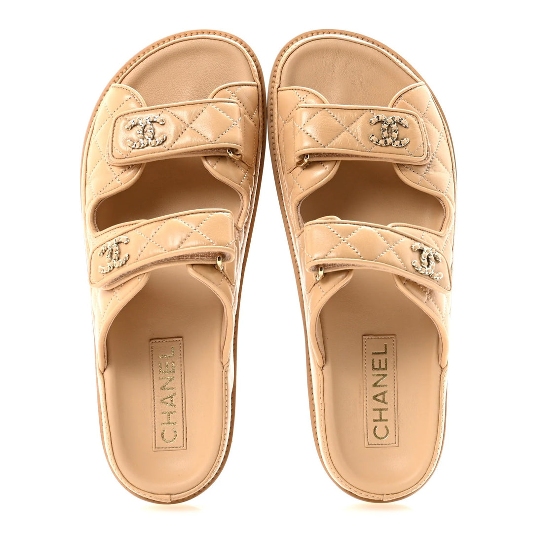 CHANEL LAMBSKIN QUILTED VELCRO DAD CHAIN CC SLIDE SANDALS