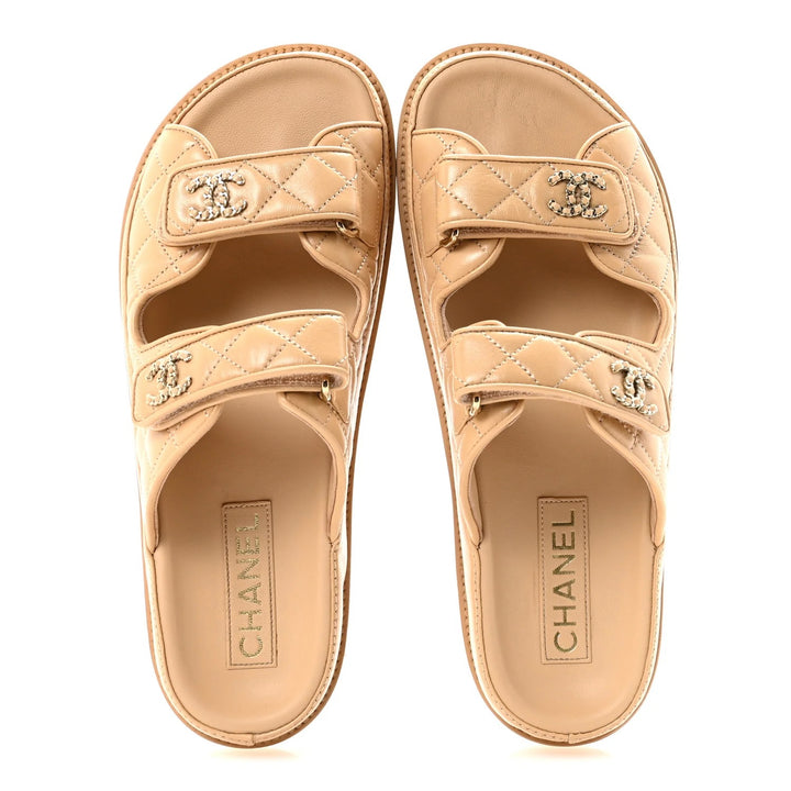 CHANEL LAMBSKIN QUILTED VELCRO DAD CHAIN CC SLIDE SANDALS
