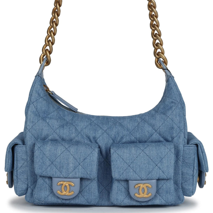 CHANEL LARGE CARGO QUILTED WASHED DENIM HOBO BAG