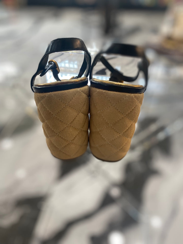 CHANEL MEDALLION QUILTED WEDGE HEEL SANDALS