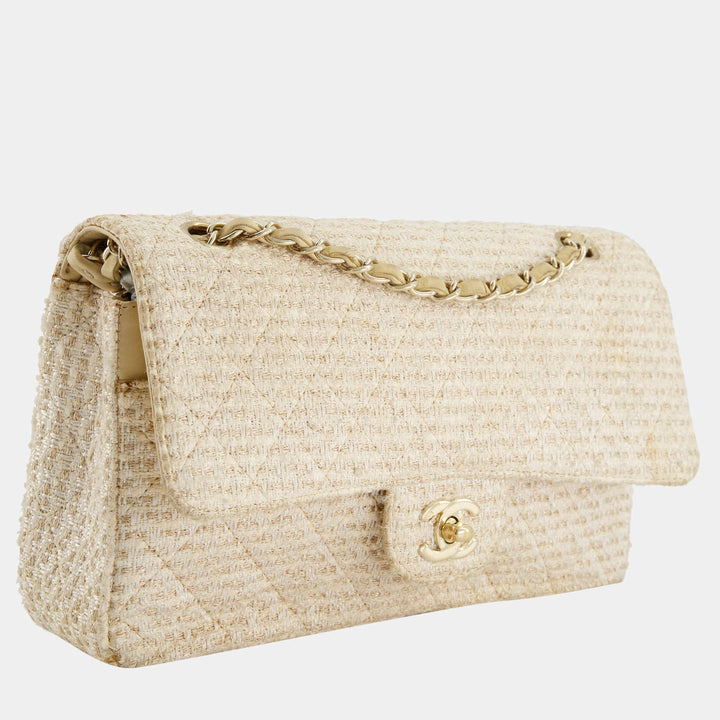 CHANEL CLASSIC DOUBLE FLAP TWEED IVORY GOLD CHAMPAGNE GOLD HARDWARE-HS