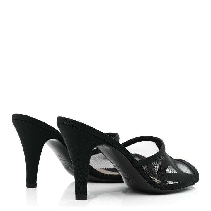 CHANEL MESH GROSGRAIN CC HEELED MULES