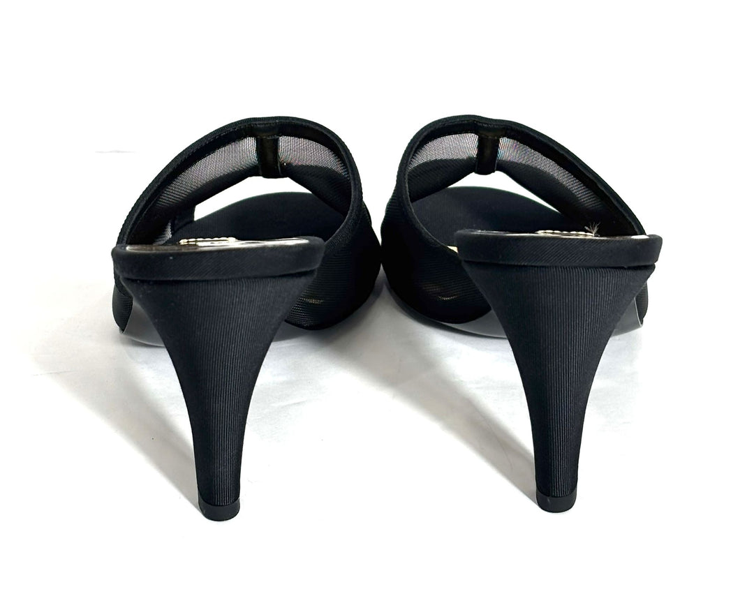 CHANEL MESH GROSGRAIN CC HEELED MULES