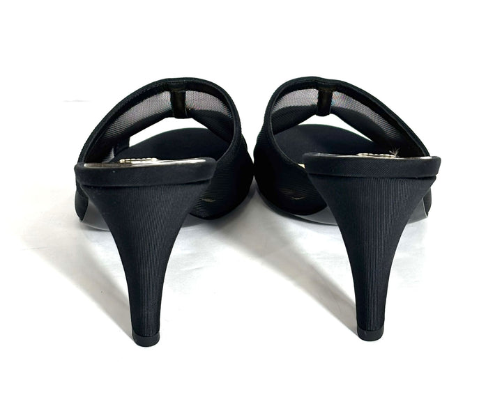 CHANEL MESH GROSGRAIN CC HEELED MULES