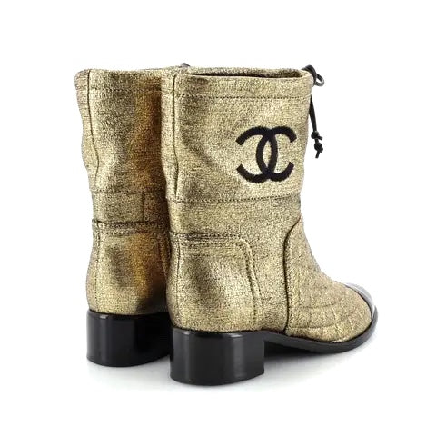 CHANEL CC QUILTED METALLIC GOLD LEATHER ANKLE BOOTS