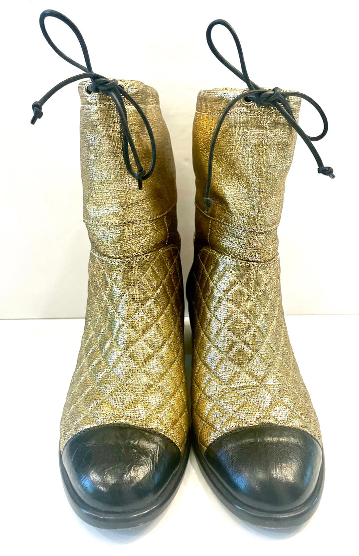 CHANEL CC QUILTED METALLIC GOLD LEATHER ANKLE BOOTS