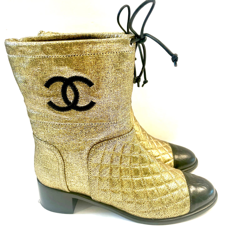 CHANEL CC QUILTED METALLIC GOLD LEATHER ANKLE BOOTS