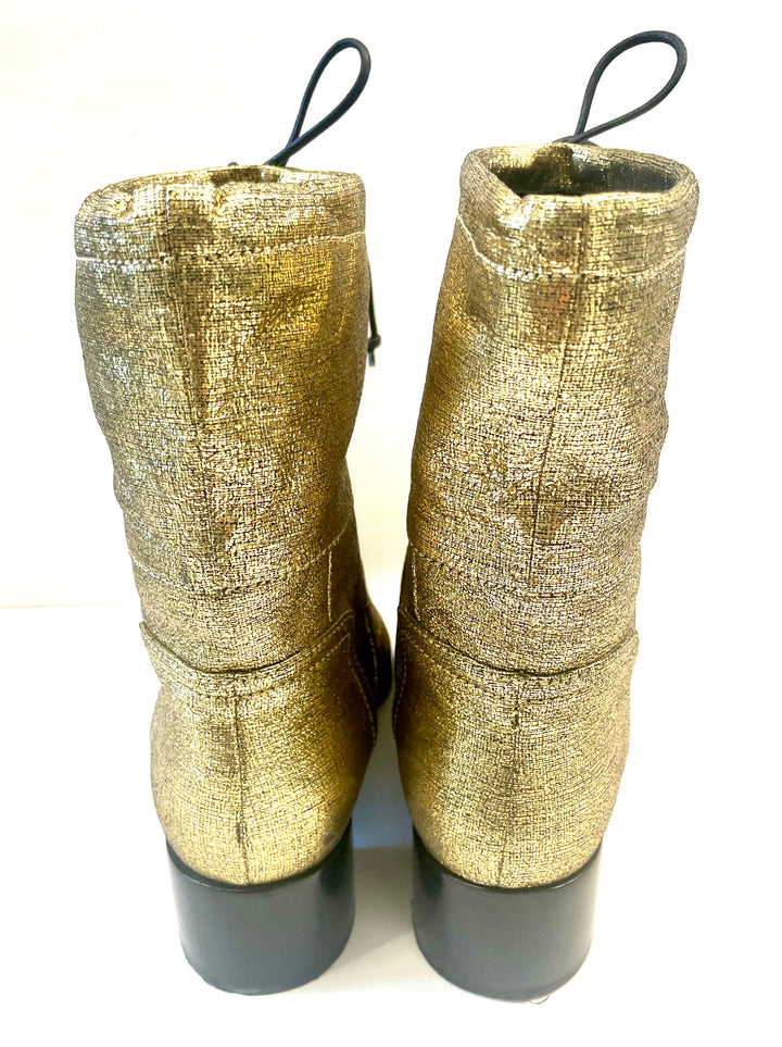 CHANEL CC QUILTED METALLIC GOLD LEATHER ANKLE BOOTS