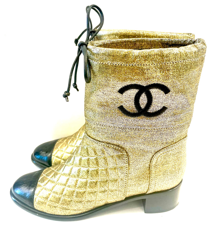 CHANEL CC QUILTED METALLIC GOLD LEATHER ANKLE BOOTS